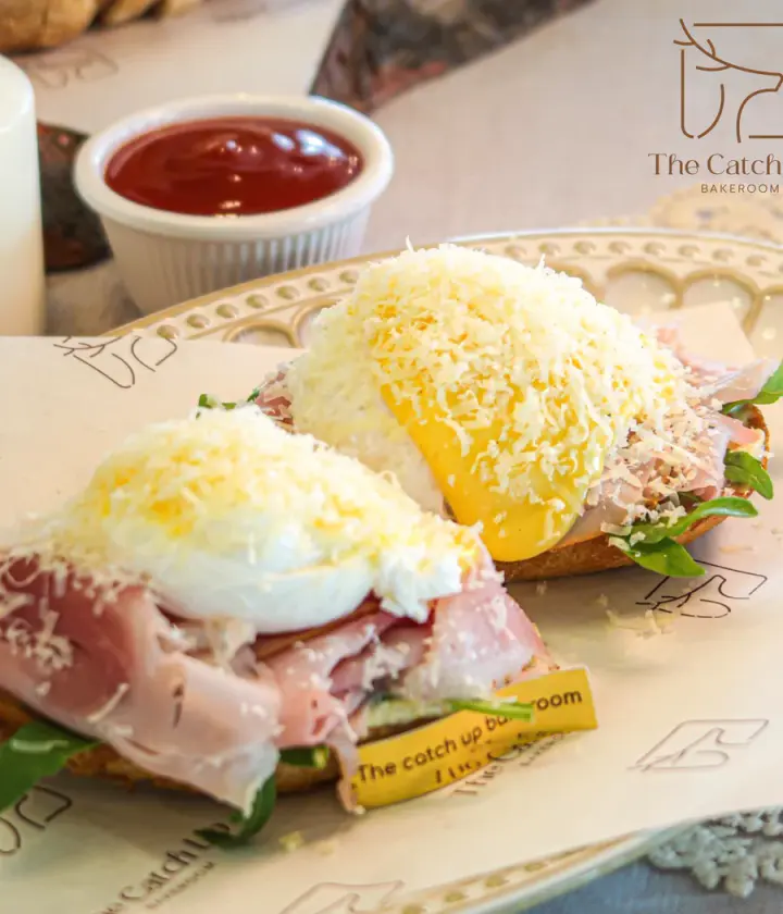 Benedict Mood sourdough brunch with egg, ham, rocket and parmesan