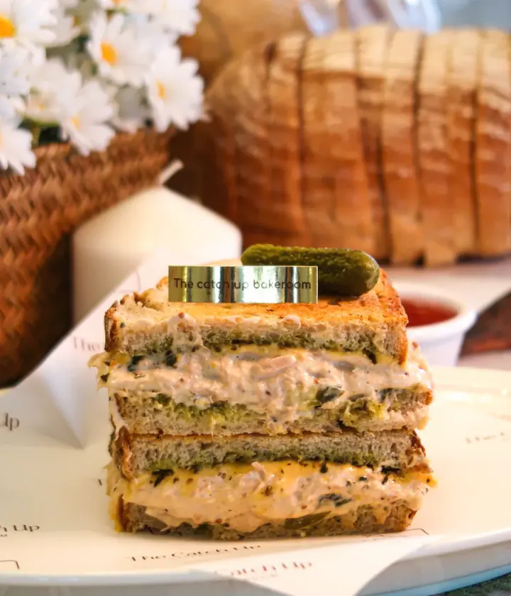 Tuna Melt sourdough sandwich with homemade tuna and melted cheese